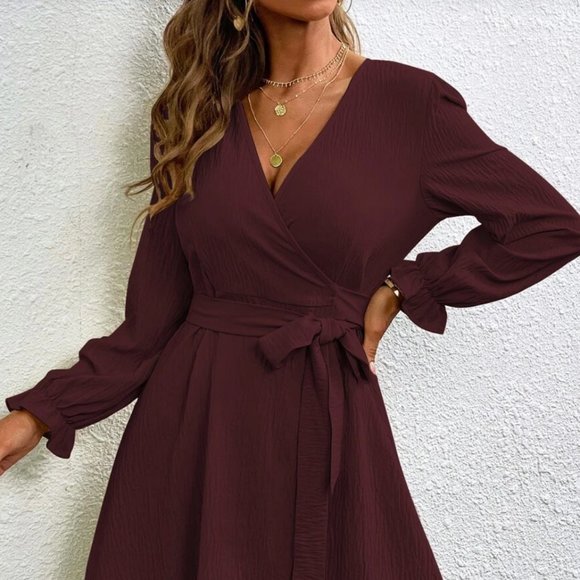 Burgundy Wrap Dress with Deep V Neckline - Sz M - Picture 1 of 4